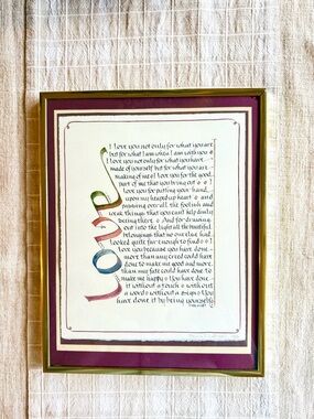 Vintage Framed Calligraphic Artwork Titled “Love”, Poem by Roy Croft, 1986